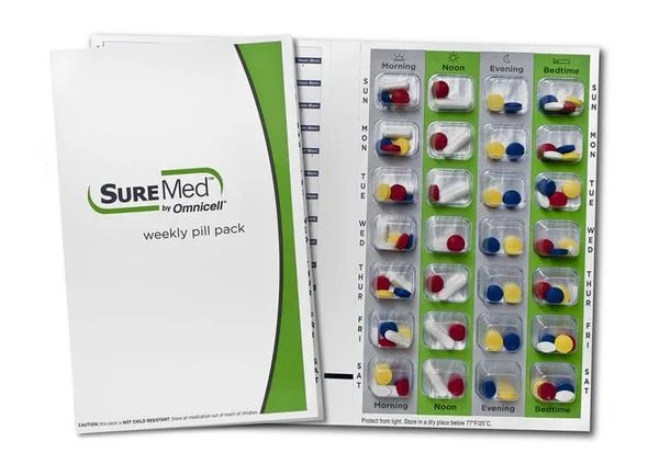A SureMed blister card with medications organized by day and time